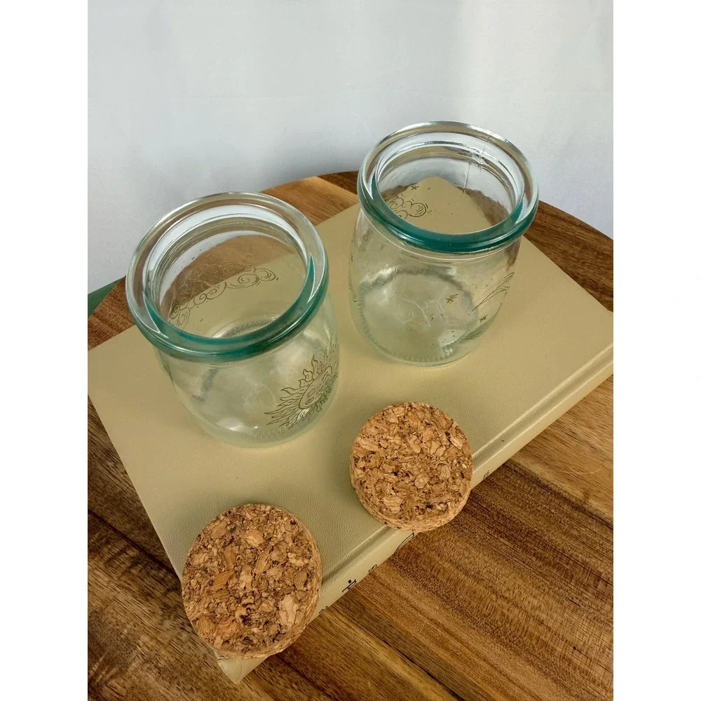Set of 2 Hand Etched Celestial Glass Jars Cork Lids Sun Moon Apothecary Bottles